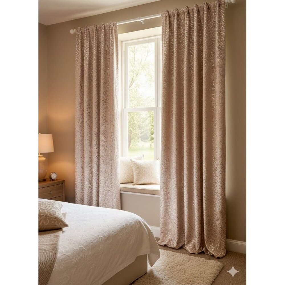 CROSCILL HOME Set 2 Curtain Panels Tan Jacquard Leaf Vine Pattern Rod Pocket